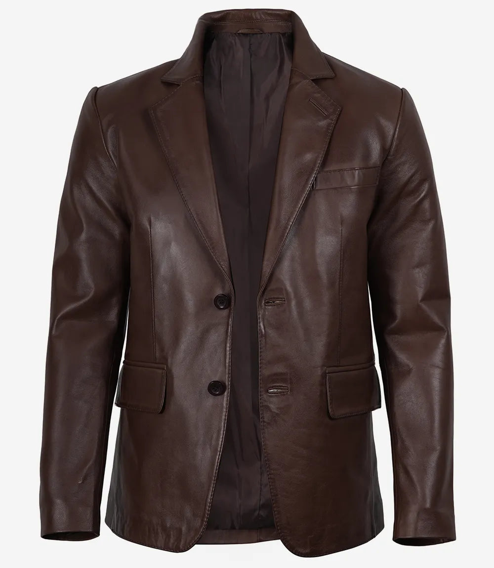 Men's Dark Brown Lambskin Leather Two Button Blazer