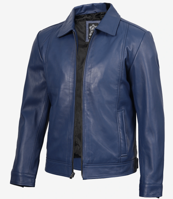 Men's Blue Real Leather Harrington Jacket