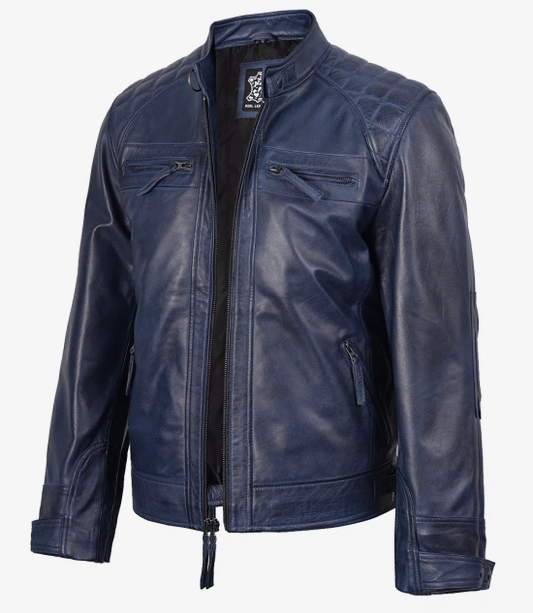 Men's Leather Blue Cafe Racer Biker Fashion Jacket