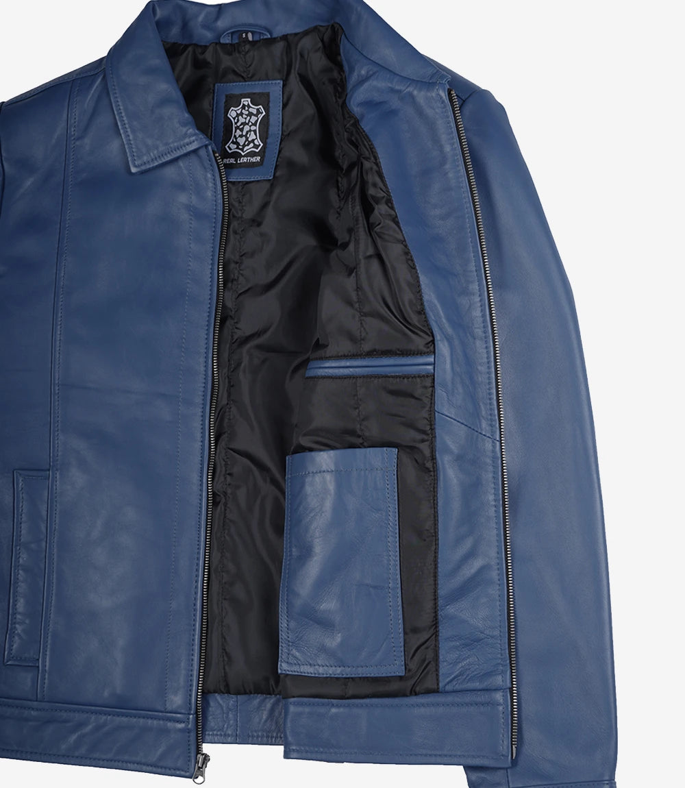 Men's Blue Real Leather Harrington Jacket