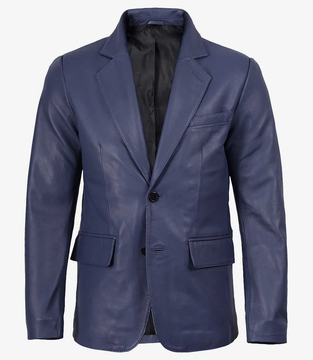 Men's Real Lambskin Blue Two Button Leather Blazer