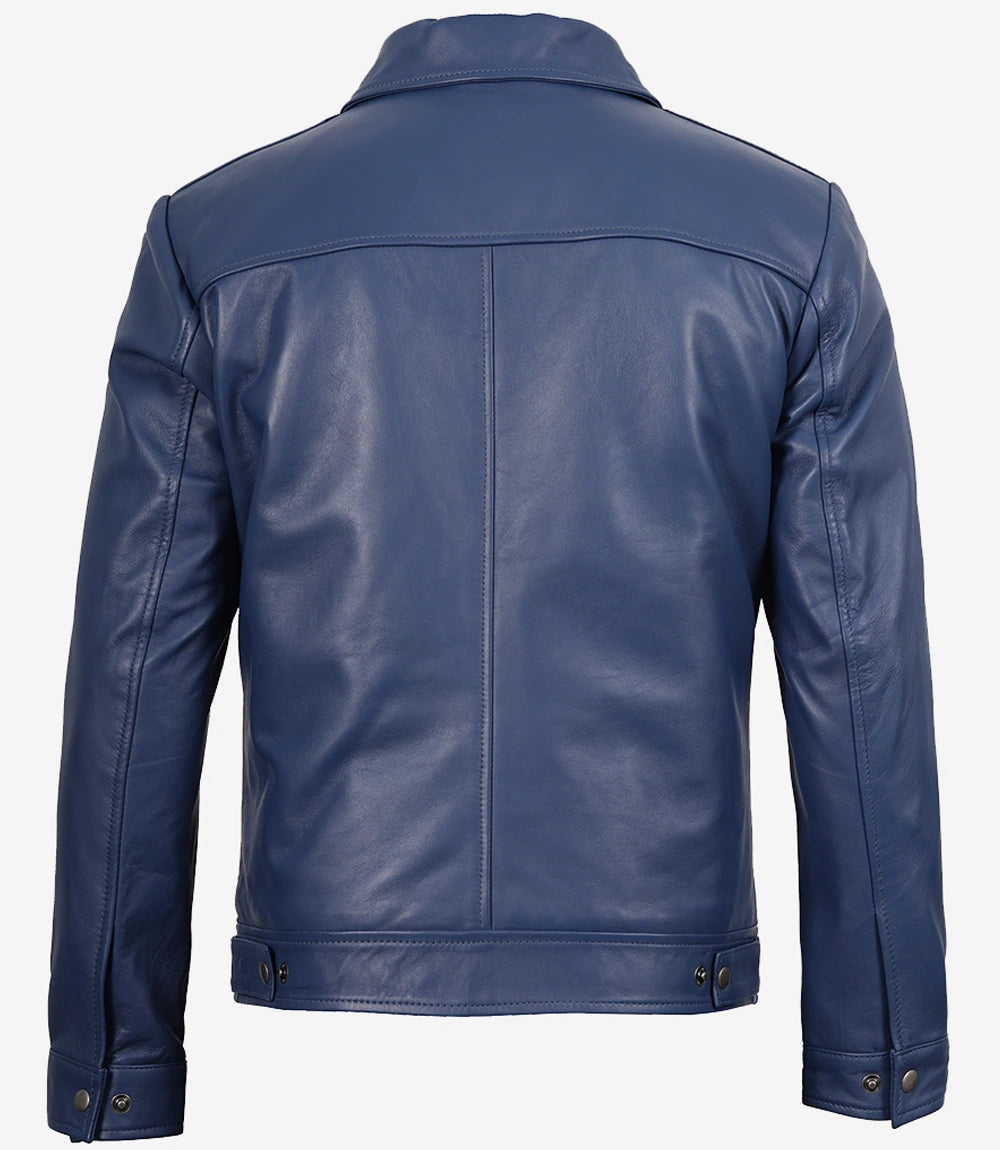 Men's Blue Real Leather Harrington Jacket