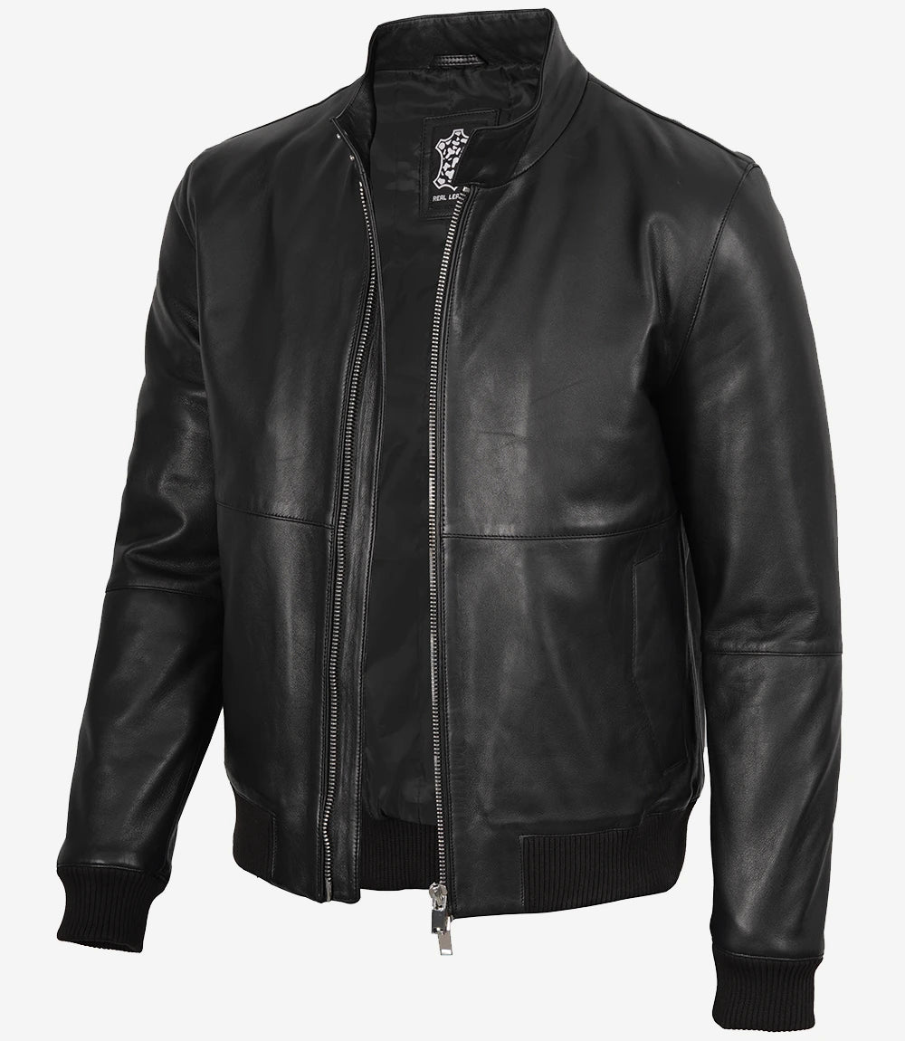 Men's Black Lambskin Leather Bomber Jacket