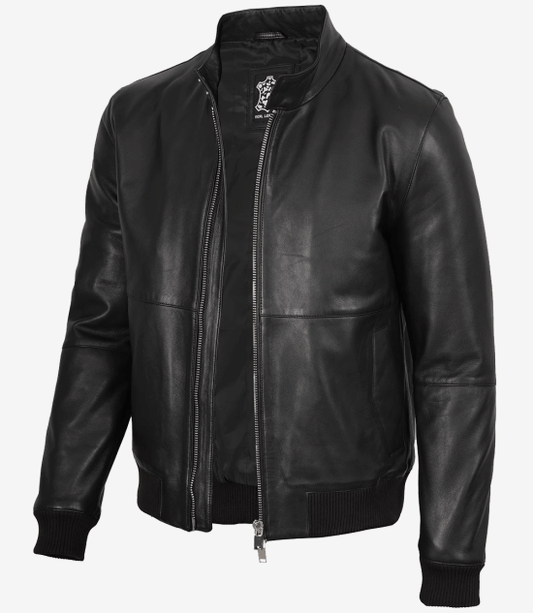 Men's Black Lambskin Leather Bomber Jacket