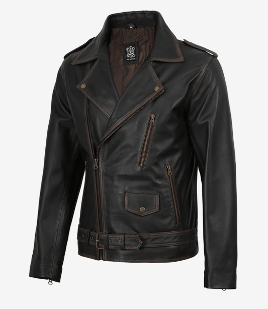 Men's Dark Brown Vintage Asymmetrical Leather Biker Jacket