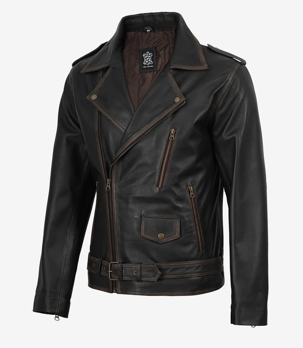 Men's Dark Brown Vintage Asymmetrical Leather Biker Jacket