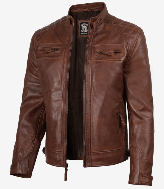 Men’s Cognac Brown Quilted Leather Biker Jacket | Wax Finish