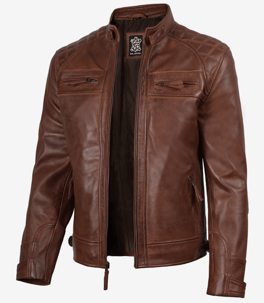 Men’s Cognac Brown Quilted Leather Biker Jacket | Wax Finish