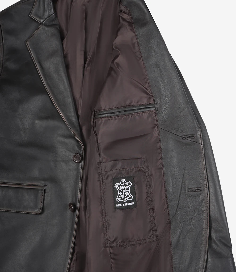 Men's 2 Buttons Dark Brown Rub Off Leather Blazer