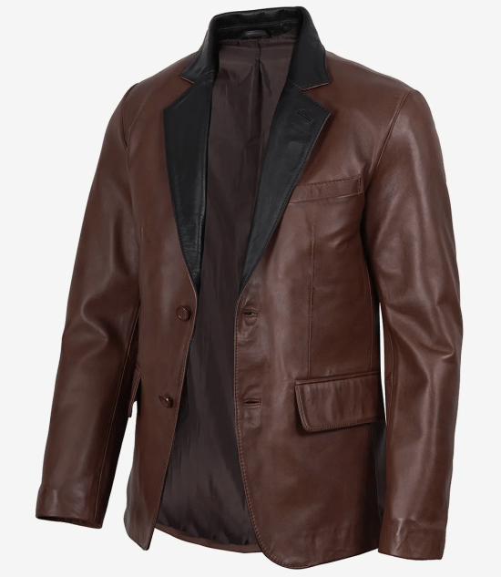Men's Cognac Wax Lambskin Leather Blazer — Dark Brown Lapel