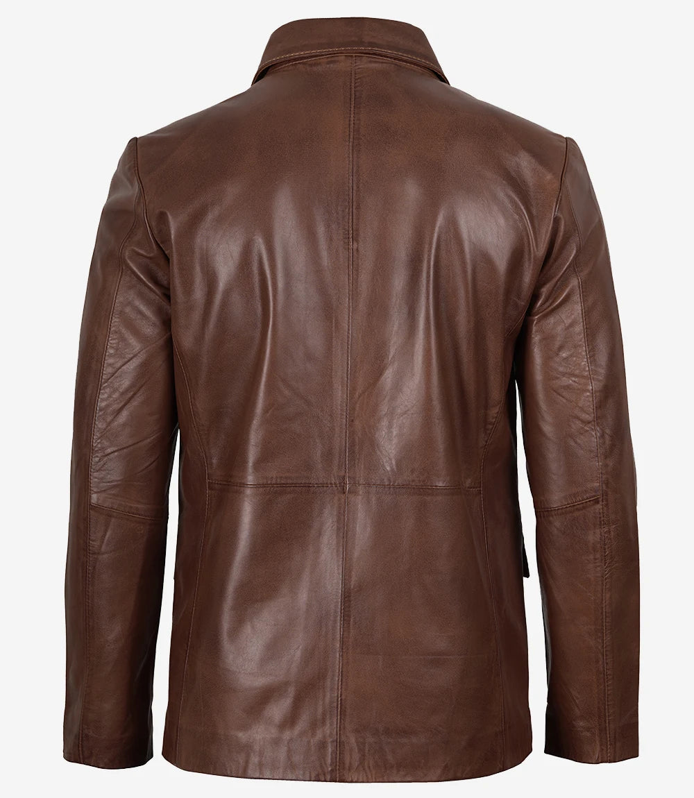 Cognac Waxed Two Button Mens Leather Blazer