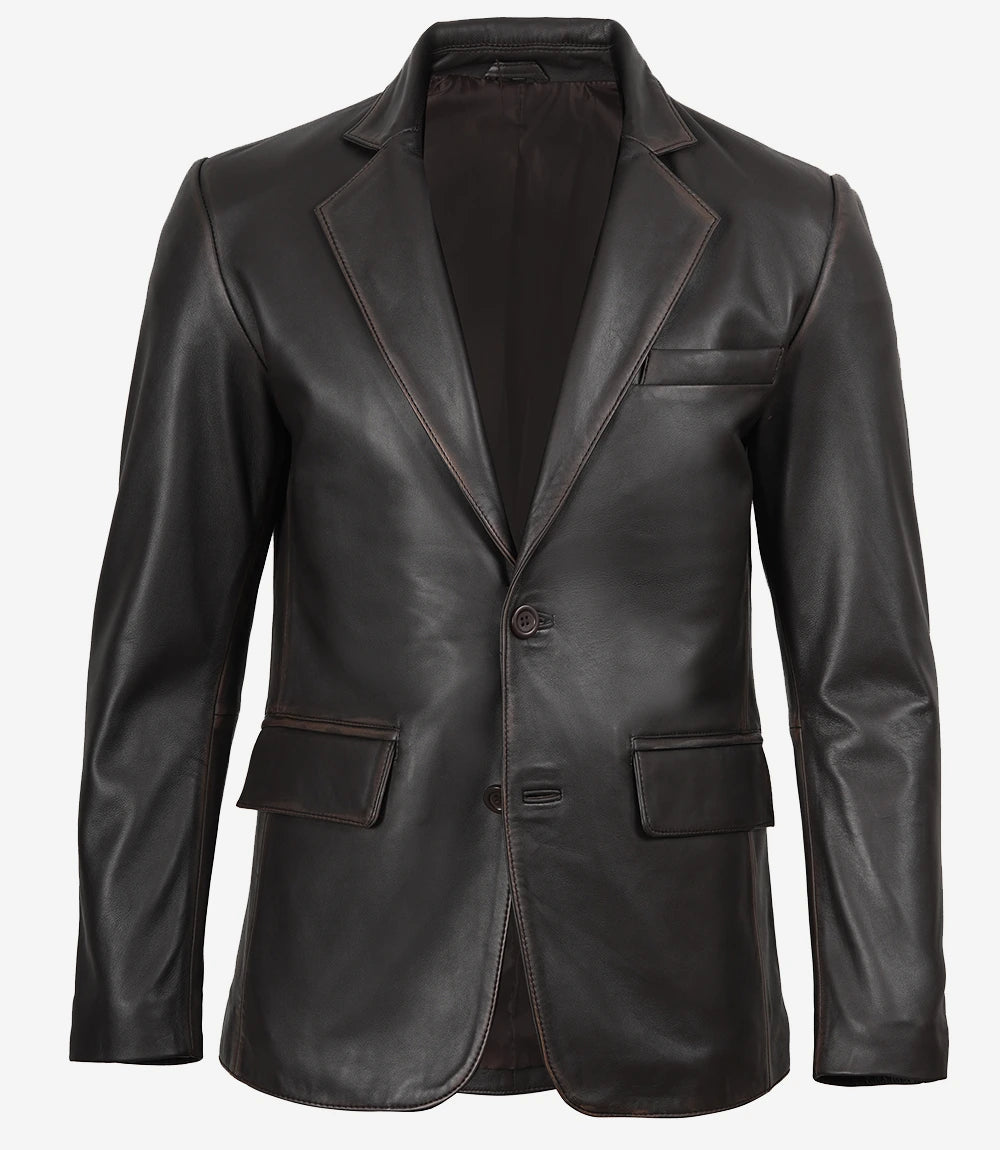 Men's 2 Buttons Dark Brown Rub Off Leather Blazer