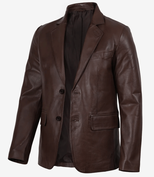 Men's Dark Brown Lambskin Leather Two Button Blazer