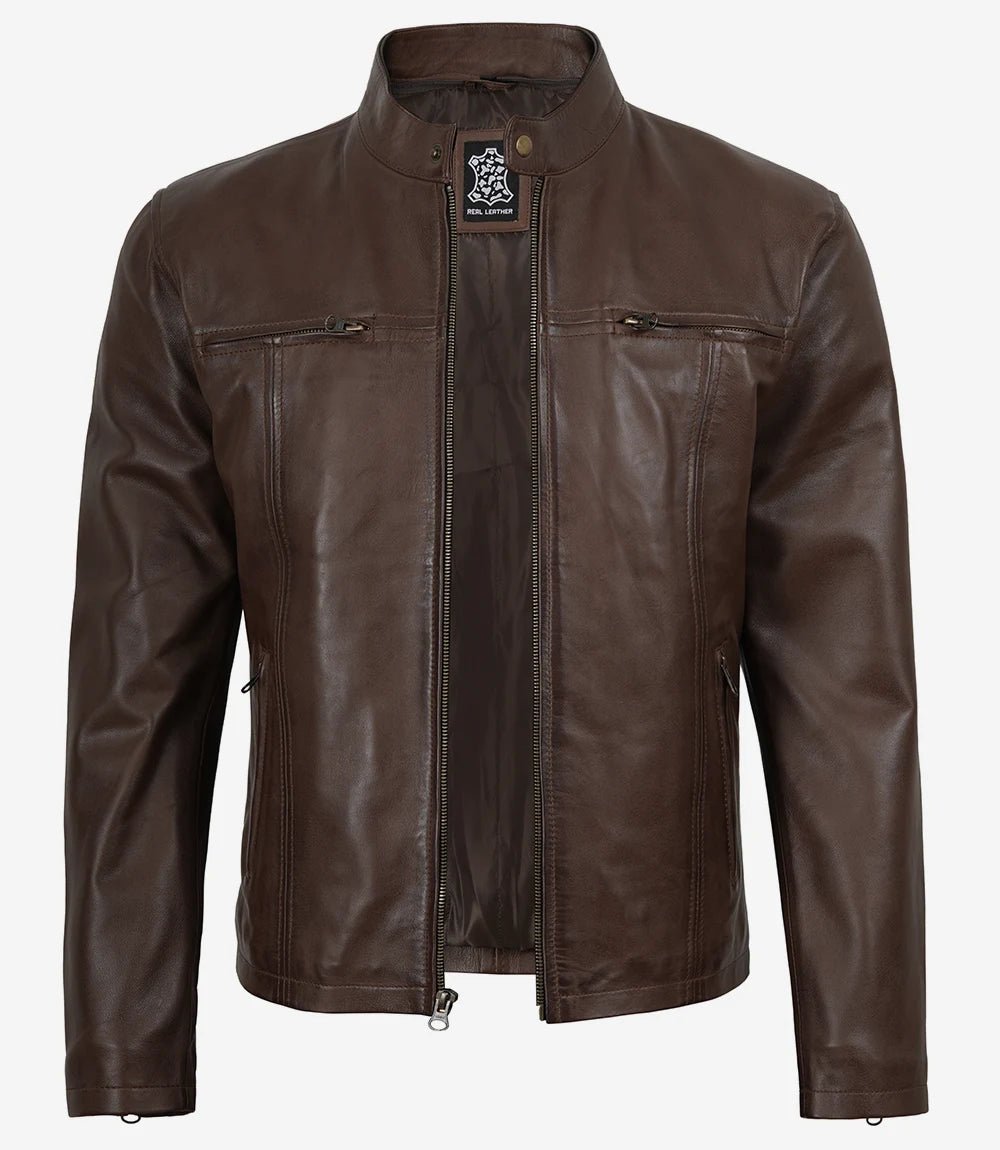 Men's Dark Brown Lambskin Leather Jacket with Removable Hood