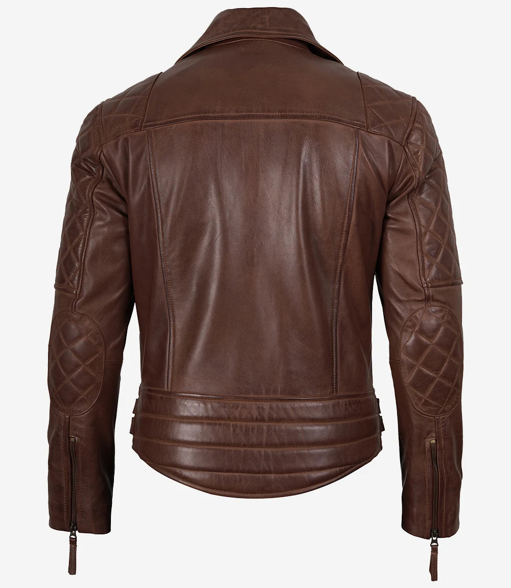 Men's Quilted Asymmetrical Cognac Leather Biker Fashion Jacket