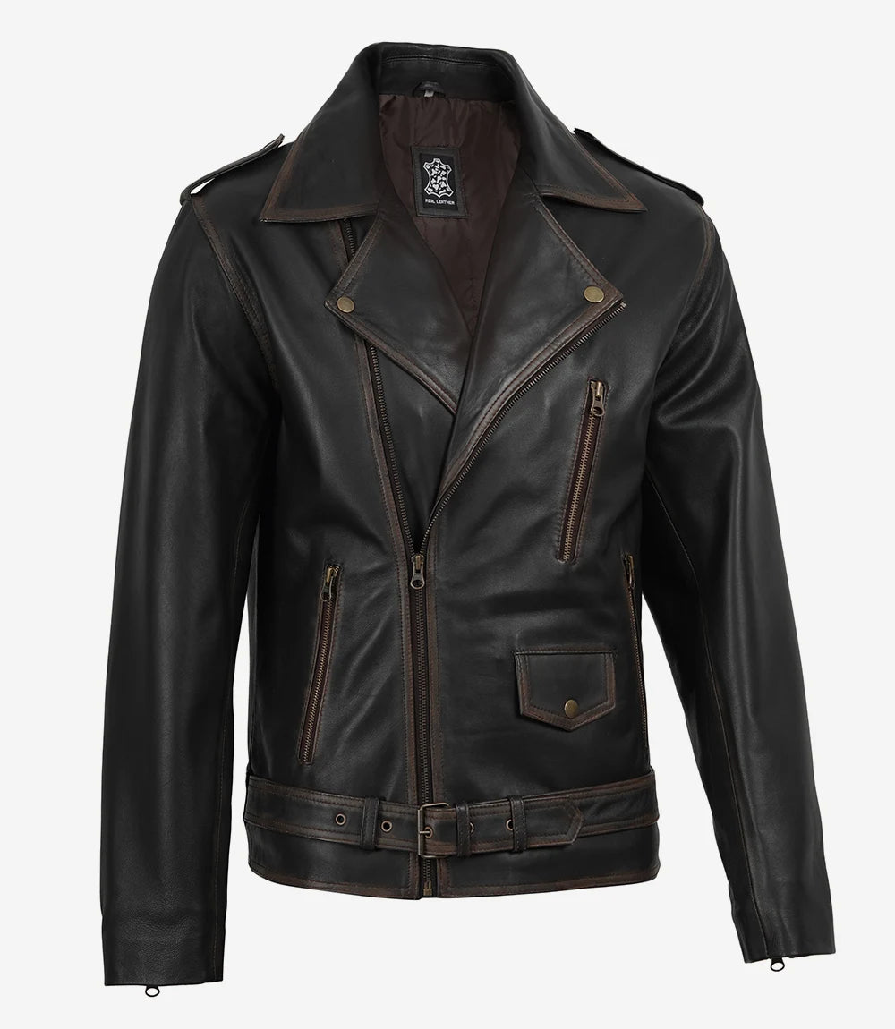 Men's Dark Brown Vintage Asymmetrical Leather Biker Jacket