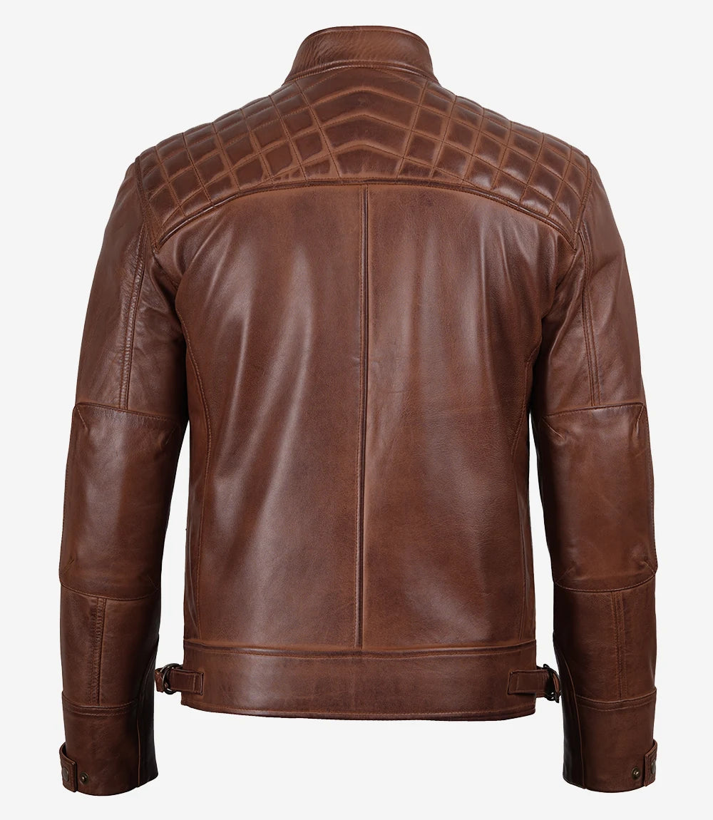 Men’s Cognac Brown Quilted Leather Biker Jacket | Wax Finish