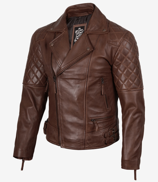 Men's Quilted Asymmetrical Cognac Leather Biker Fashion Jacket