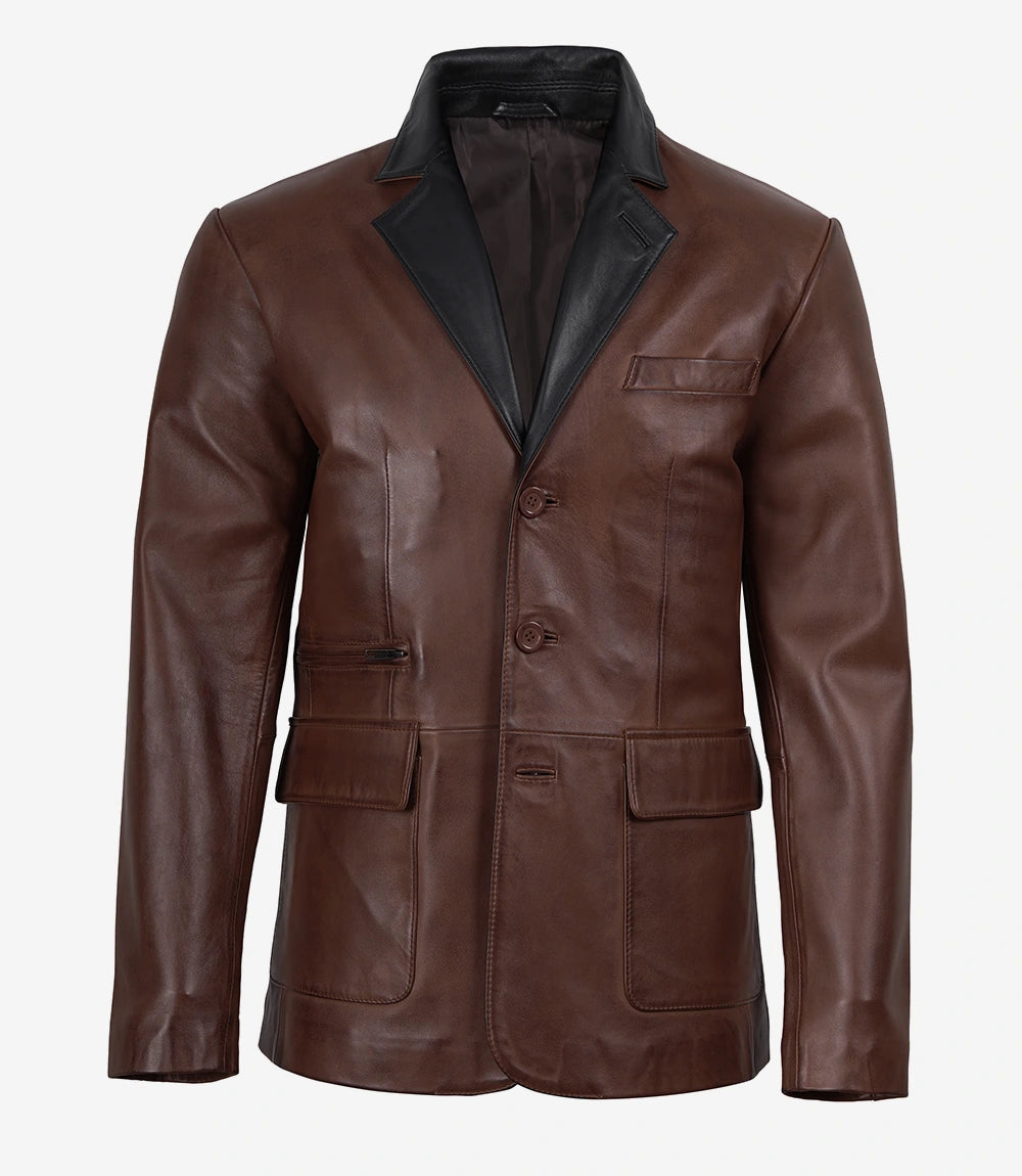 Men's Cognac Wax Three Button Real Leather Blazer — Black Lapel