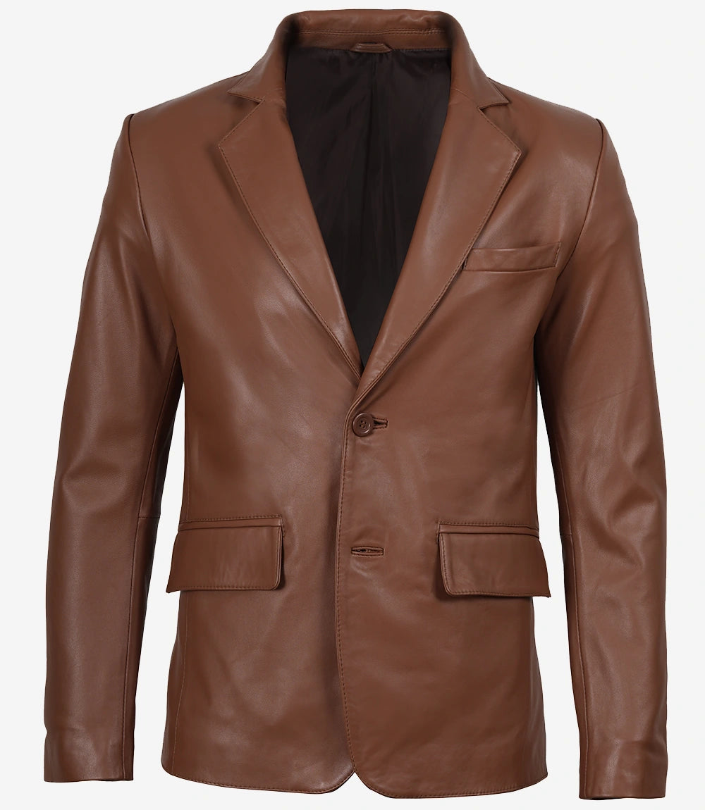 Men's Cognac Brown Leather Blazer Jacket