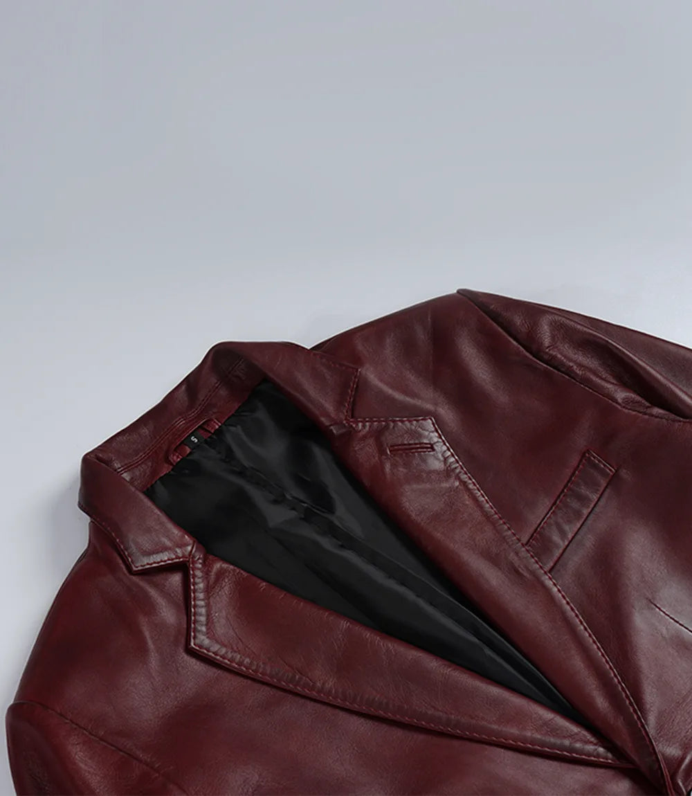 Men's Real Lambskin Burgundy Wax Leather Blazer