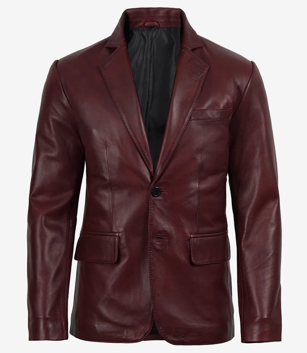 Men's Real Lambskin Burgundy Wax Leather Blazer