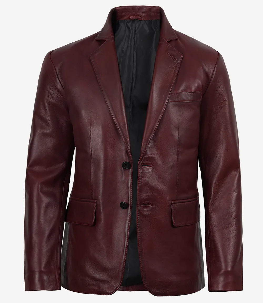 Men's Real Lambskin Burgundy Wax Leather Blazer