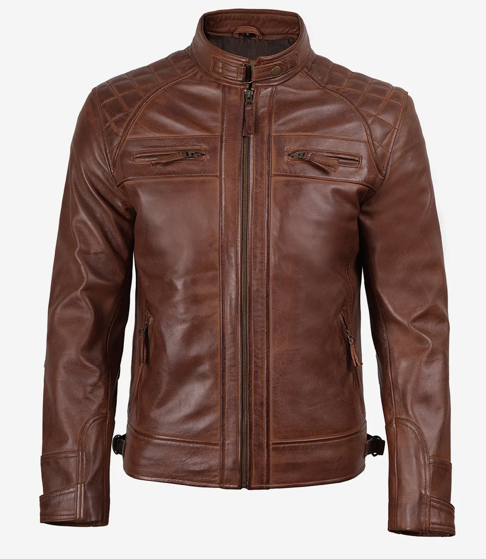 Men’s Cognac Brown Quilted Leather Biker Jacket | Wax Finish