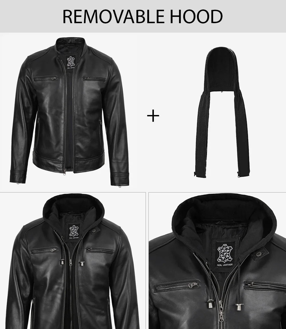 Men's Black Real Leather Jacket — Removable Hoodie