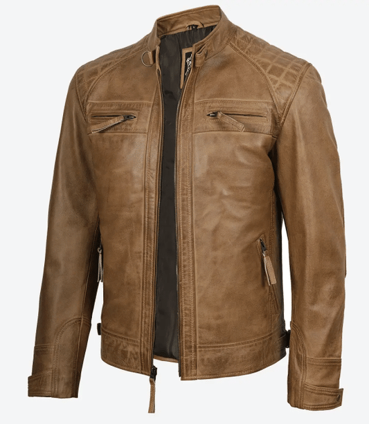 Men’s Waxed Camel Brown Cafe Racer Leather Jacket