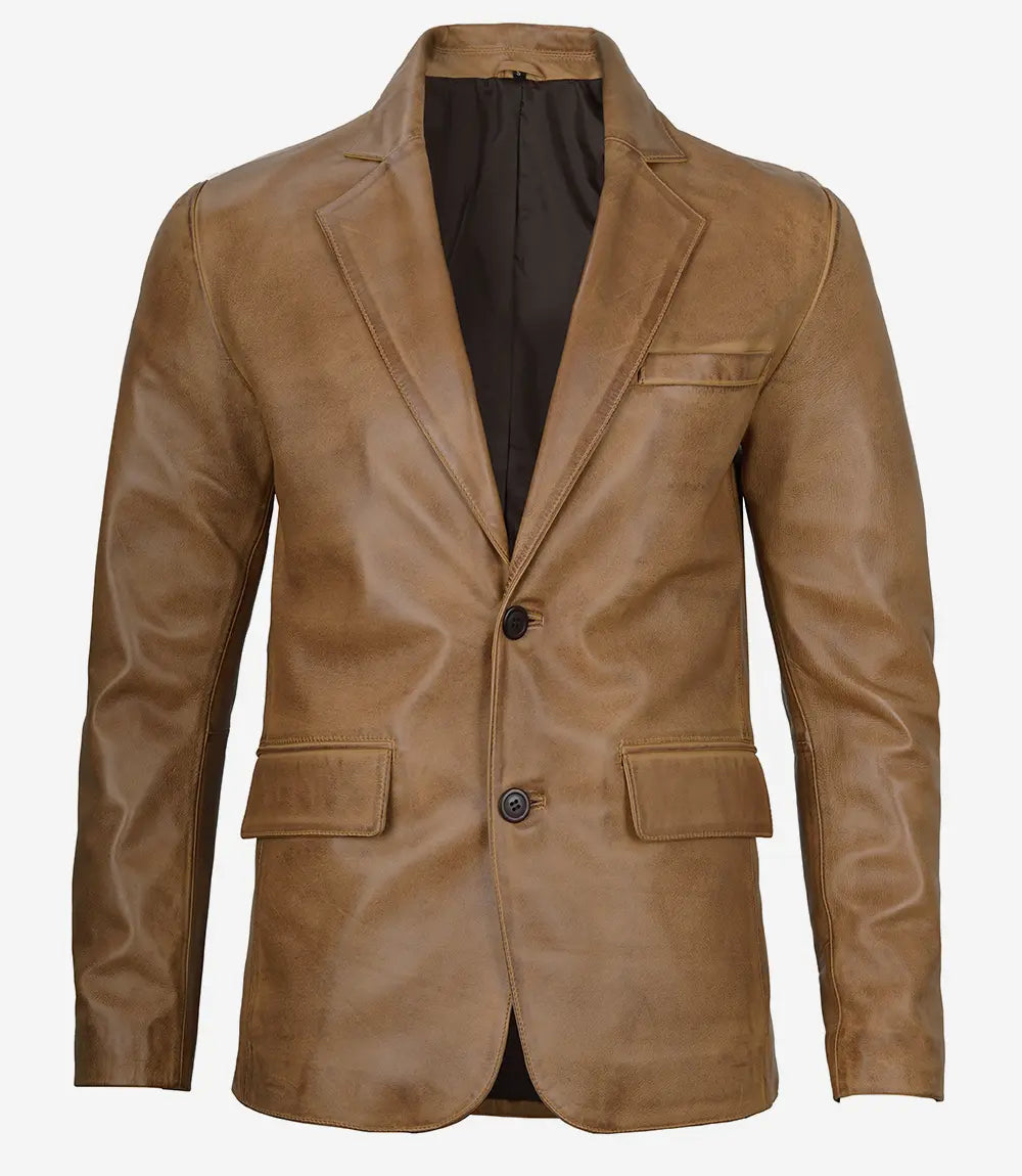 Mens Camel Leather Blazer Jacket - Two Buttons