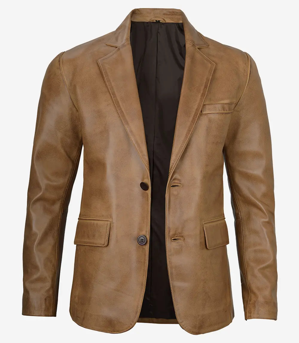 Mens Camel Leather Blazer Jacket - Two Buttons