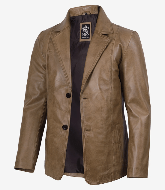 Men's Two Button Camel Wax Lambskin Leather Blazer