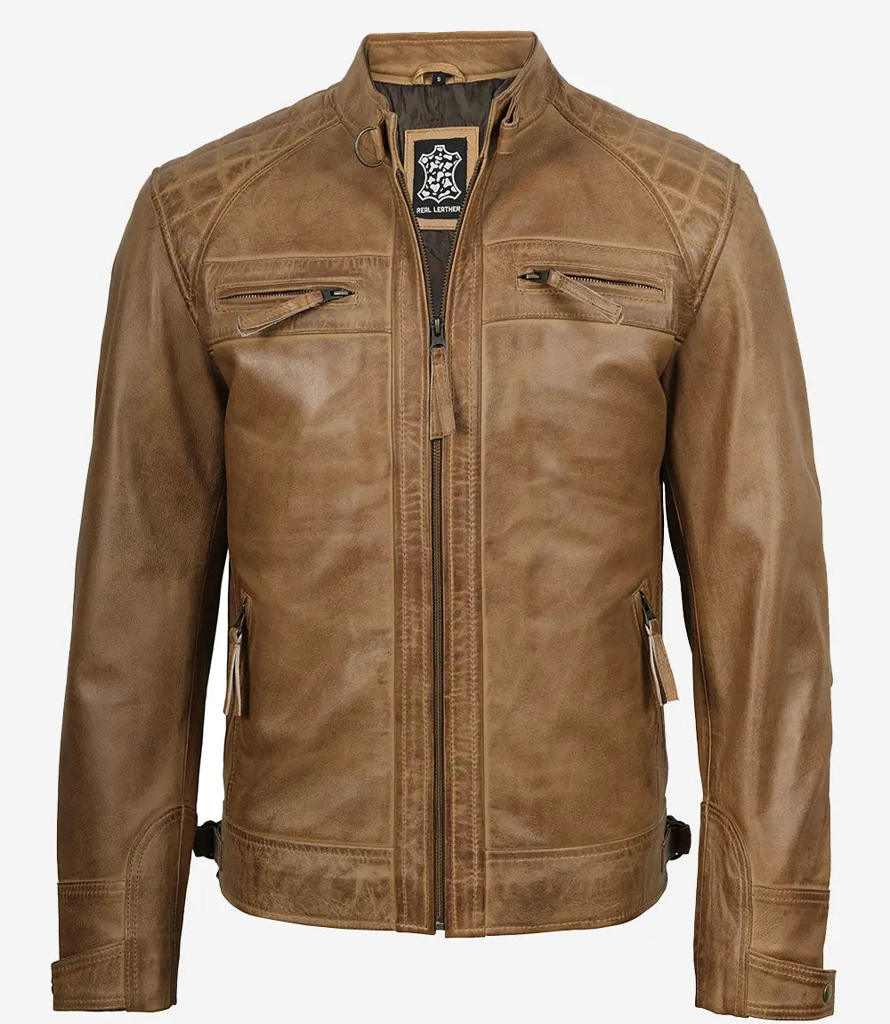 Men’s Waxed Camel Brown Cafe Racer Leather Jacket