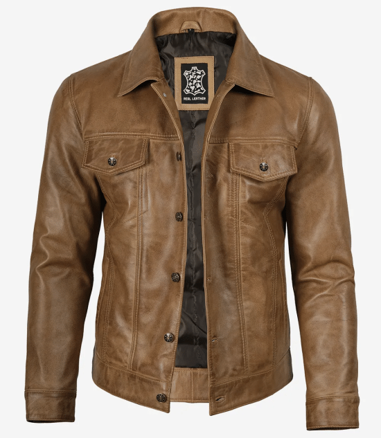 Men's Camel Brown Trucker Leather Jacket