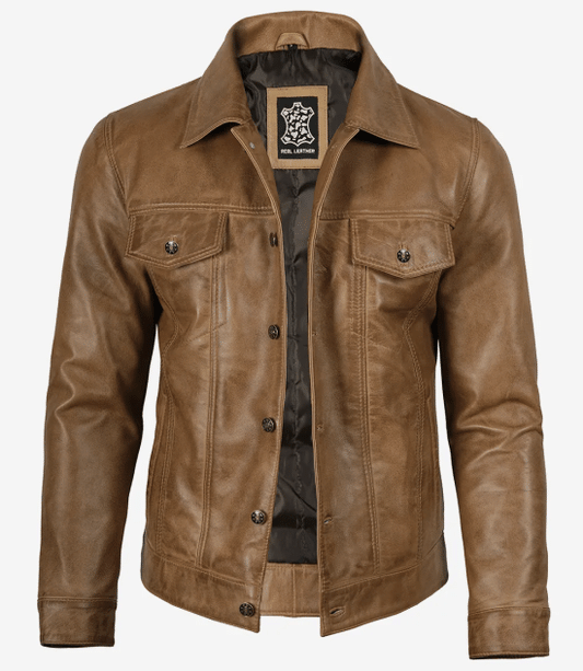 Men's Camel Brown Trucker Leather Jacket