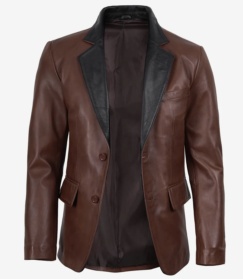 Men's Cognac Wax Lambskin Leather Blazer — Dark Brown Lapel