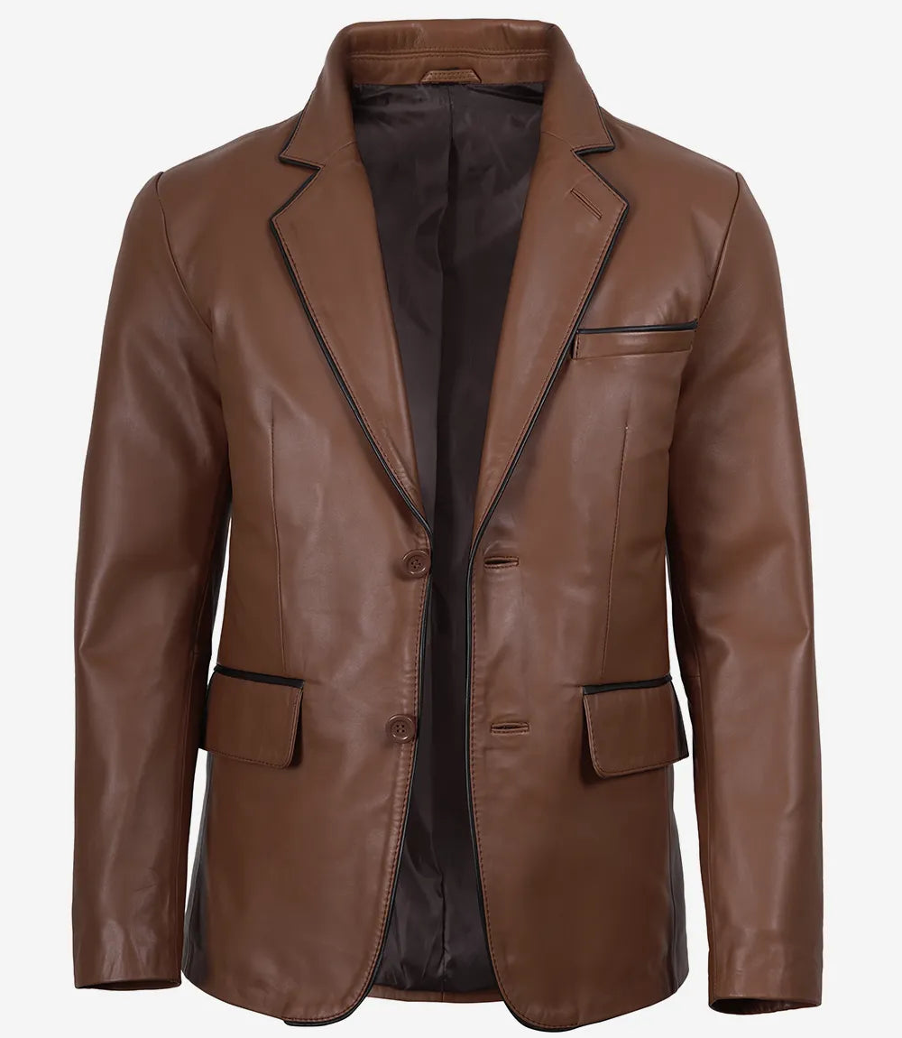 Men's Cognac Brown Lambskin Leather Blazer – Black Piping Detail