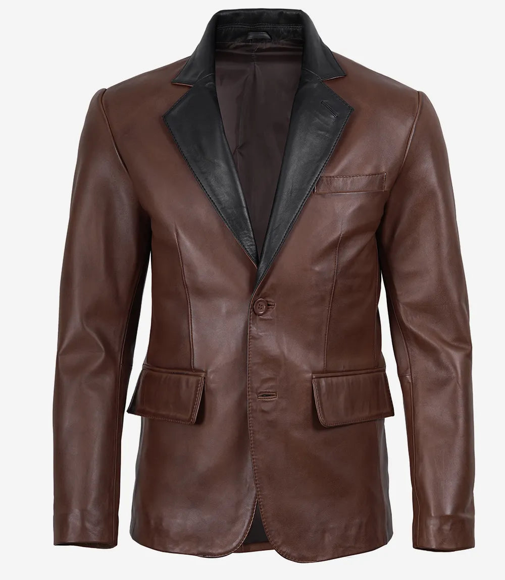 Men's Cognac Wax Lambskin Leather Blazer — Dark Brown Lapel