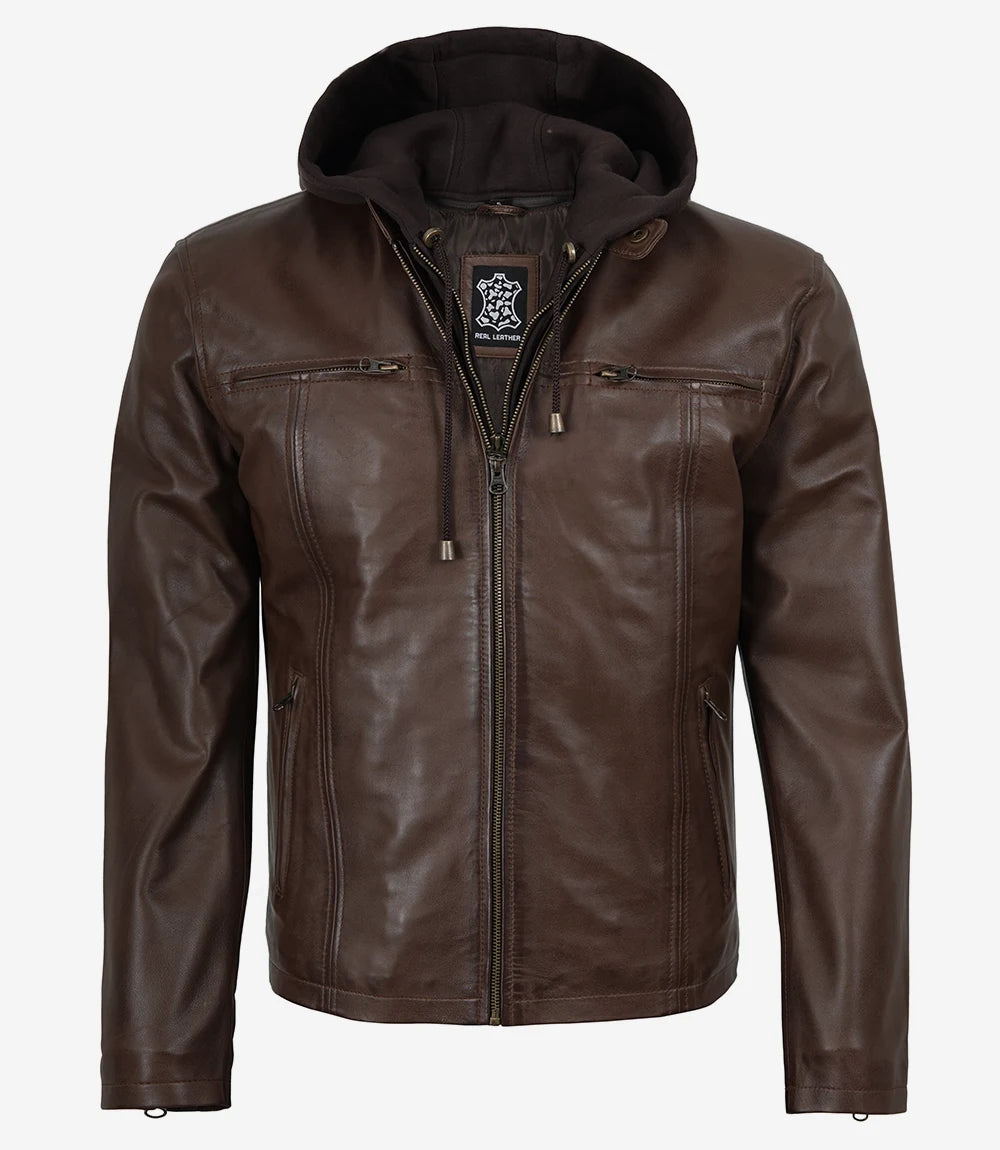 Men's Dark Brown Lambskin Leather Jacket with Removable Hood