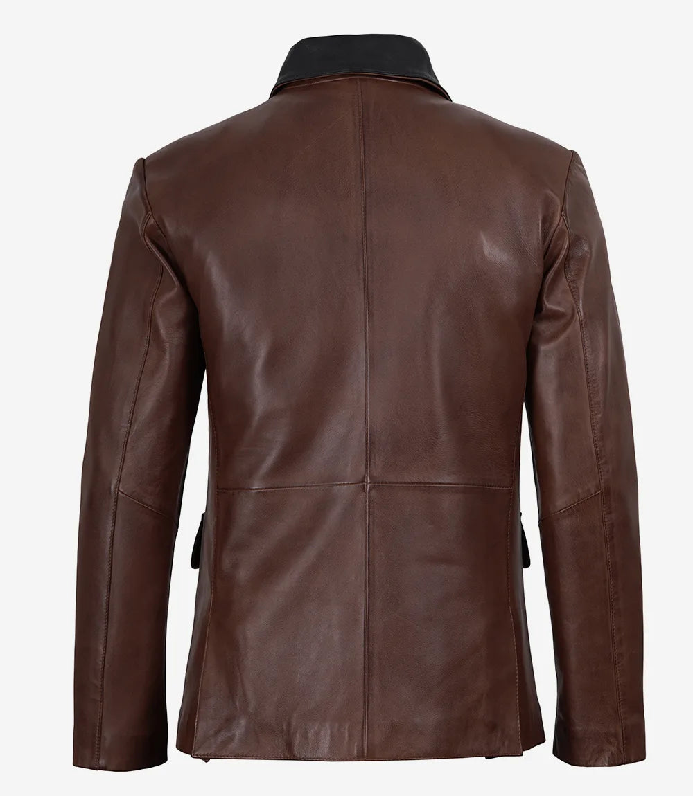 Men's Cognac Wax Three Button Real Leather Blazer — Black Lapel