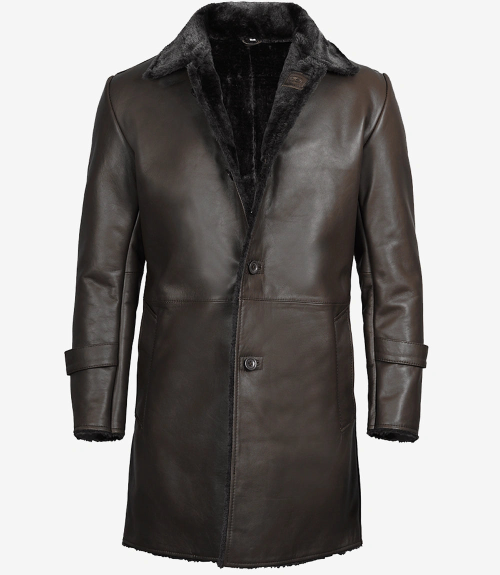 Men's Dark Brown Real Leather Coat — with Black Shearling Fur