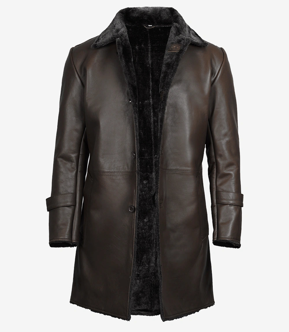 Men's Dark Brown Real Leather Coat — with Black Shearling Fur
