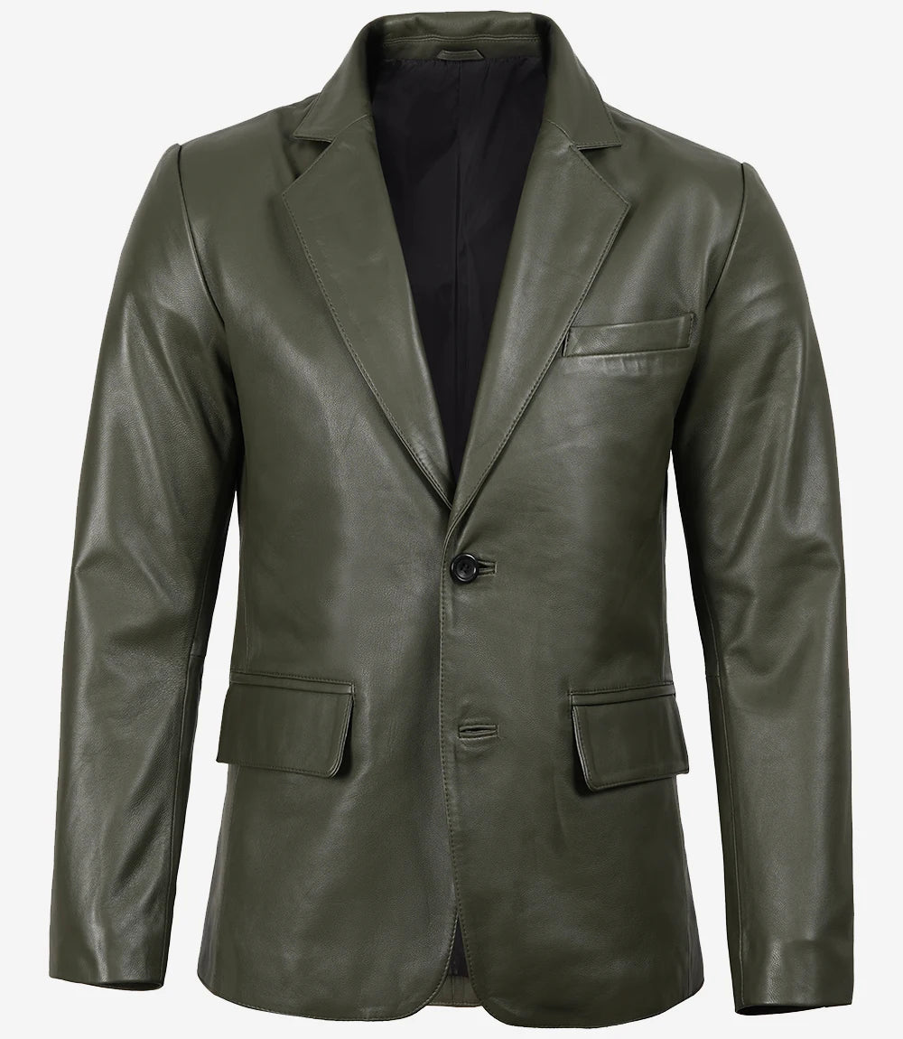 Men's Dark Green Blazer Real Leather Jacket