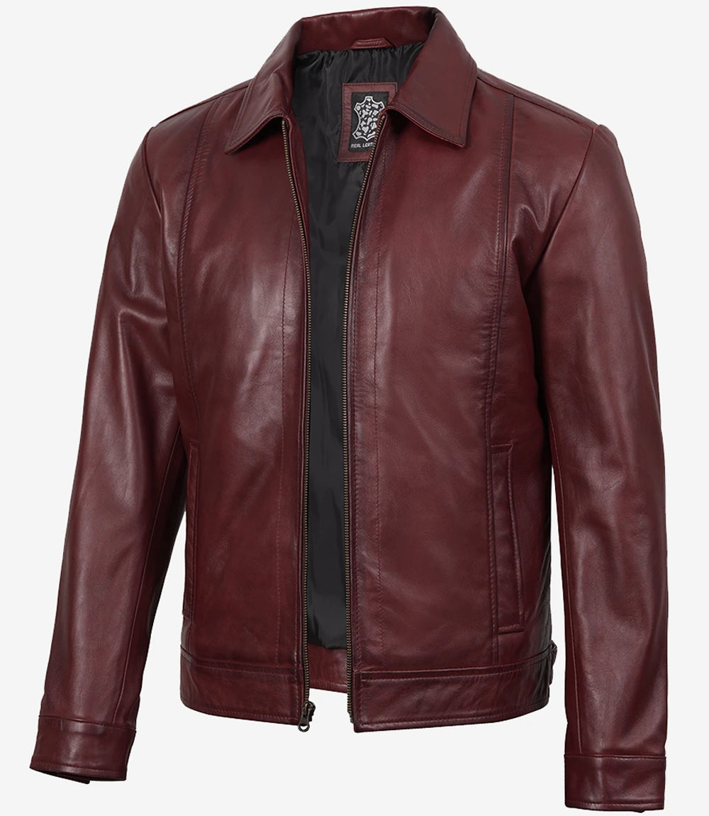 Arya Men's Burgundy Leather Harrington Jacket — Waxed