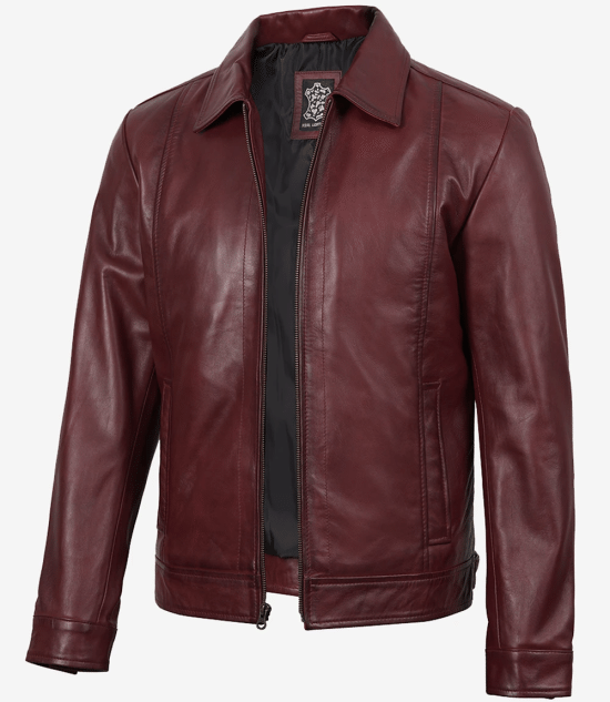 Arya Men's Burgundy Leather Harrington Jacket — Waxed
