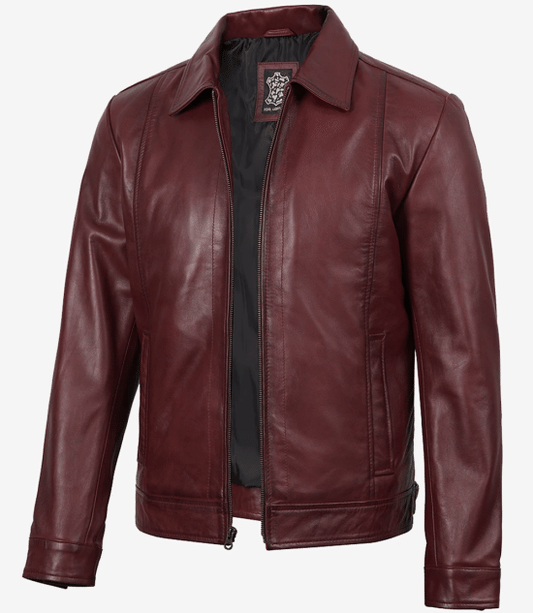 Arya Men's Burgundy Leather Harrington Jacket — Waxed
