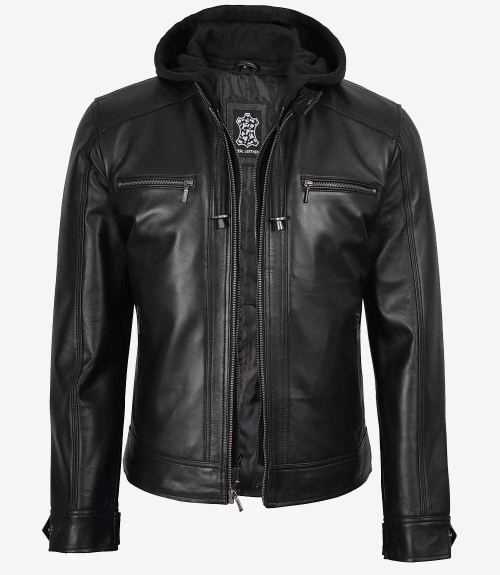 Men Black Leather Racer Jacket with Removable Hoodie