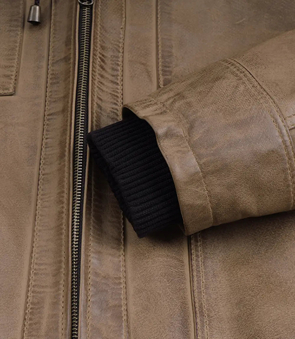Men's Camel Wax Real Bomber Leather Jacket With Removable Hood