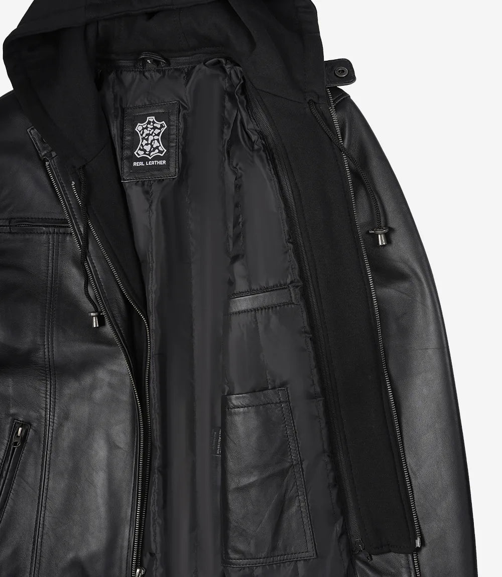 Men's Black Cafe Racer Leather Jacket with Removable Hood